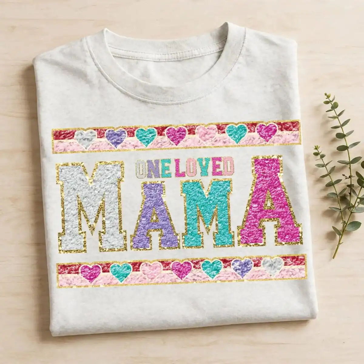 birthday one loved mama chenille png design for mom gifts, shirts and tumblers birthday one loved mama chenille png design printed on a plain product mockup