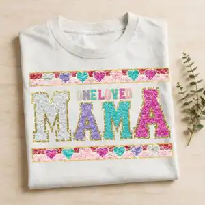 birthday one loved mama chenille png design for mom gifts, shirts and tumblers birthday one loved mama chenille png design printed on a plain product mockup