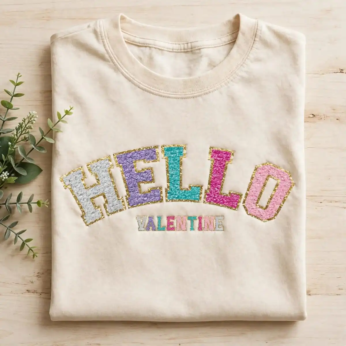 hello valentine chenille-style varsity lettering with gold glitter outline for hello valentine valentine quotes png design printed on a plain product mockup