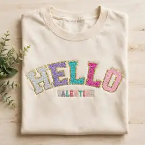 hello valentine chenille-style varsity lettering with gold glitter outline for hello valentine valentine quotes png design printed on a plain product mockup