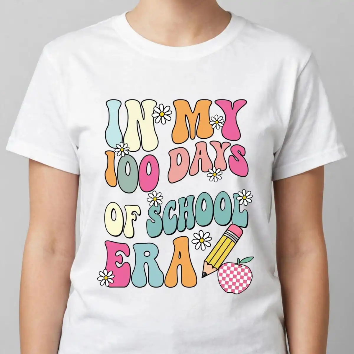 happy teacher day png: in my 100 days of school era retro groovy lettering set for shirts happy teacher day png design printed on a plain product mockup