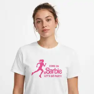 barbie birthday party shirt - text logo and silhouette set barbie birthday shirt svg design printed on a plain product mockup