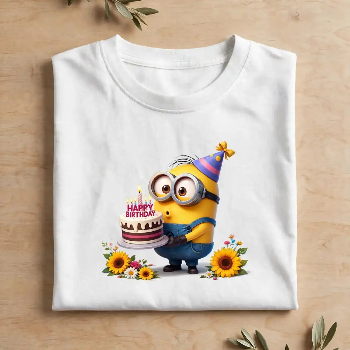 minion birthday png design printed on a plain product mockup