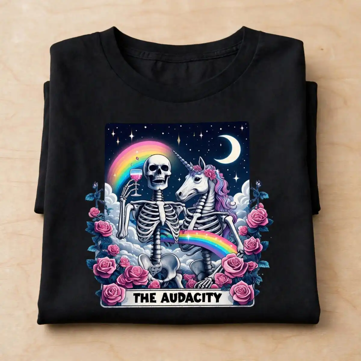 the audacity skeleton unicorn png for halloween shirts and mugs audacity png design printed on a plain product mockup