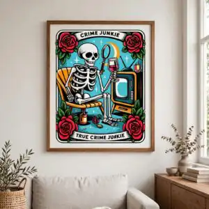 true crime junkie tarot - 20 cozy skeleton illustrations png set true crime junkie png design printed on a plain product mockup