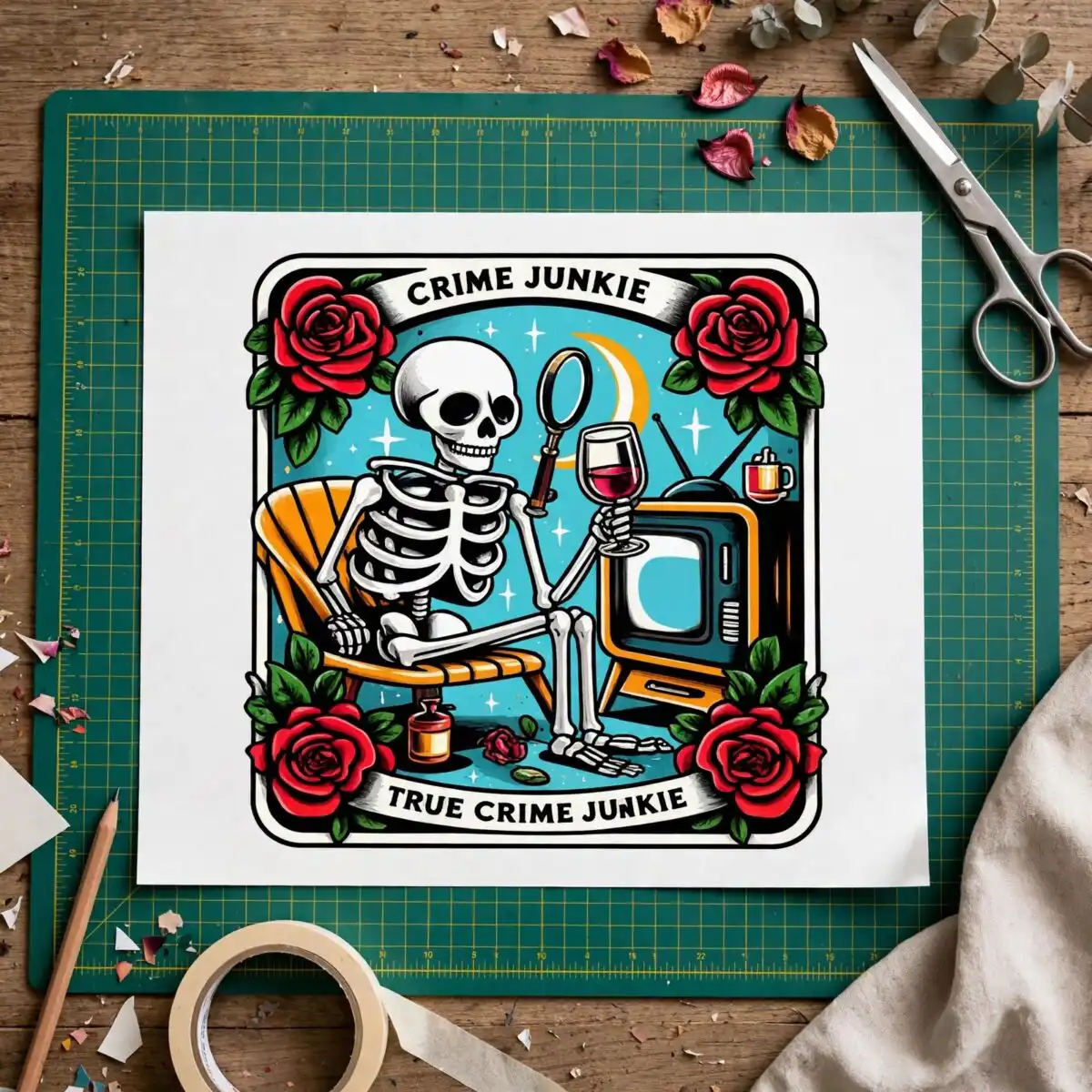 true crime junkie tarot - 20 cozy skeleton illustrations png set true crime junkie png design printed on a plain product mockup