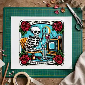 true crime junkie tarot - 20 cozy skeleton illustrations png set true crime junkie png design printed on a plain product mockup