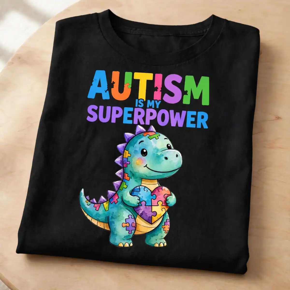 autism awareness month with puzzle hearts and superpower slogans autism awareness month png design printed on a plain product mockup