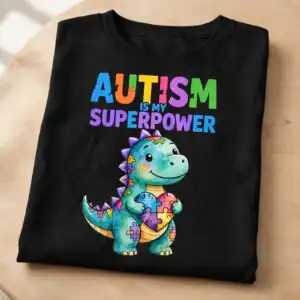 autism awareness month with puzzle hearts and superpower slogans autism awareness month png design printed on a plain product mockup