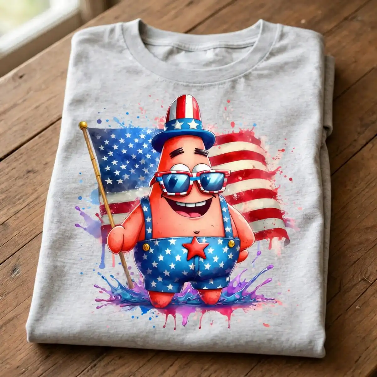patrick american star cartoon png - patriotic 4th of july character sublimation patrick star png cartoon design printed on a plain product mockup