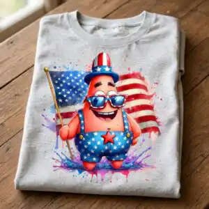 patrick american star cartoon png - patriotic 4th of july character sublimation patrick star png cartoon design printed on a plain product mockup
