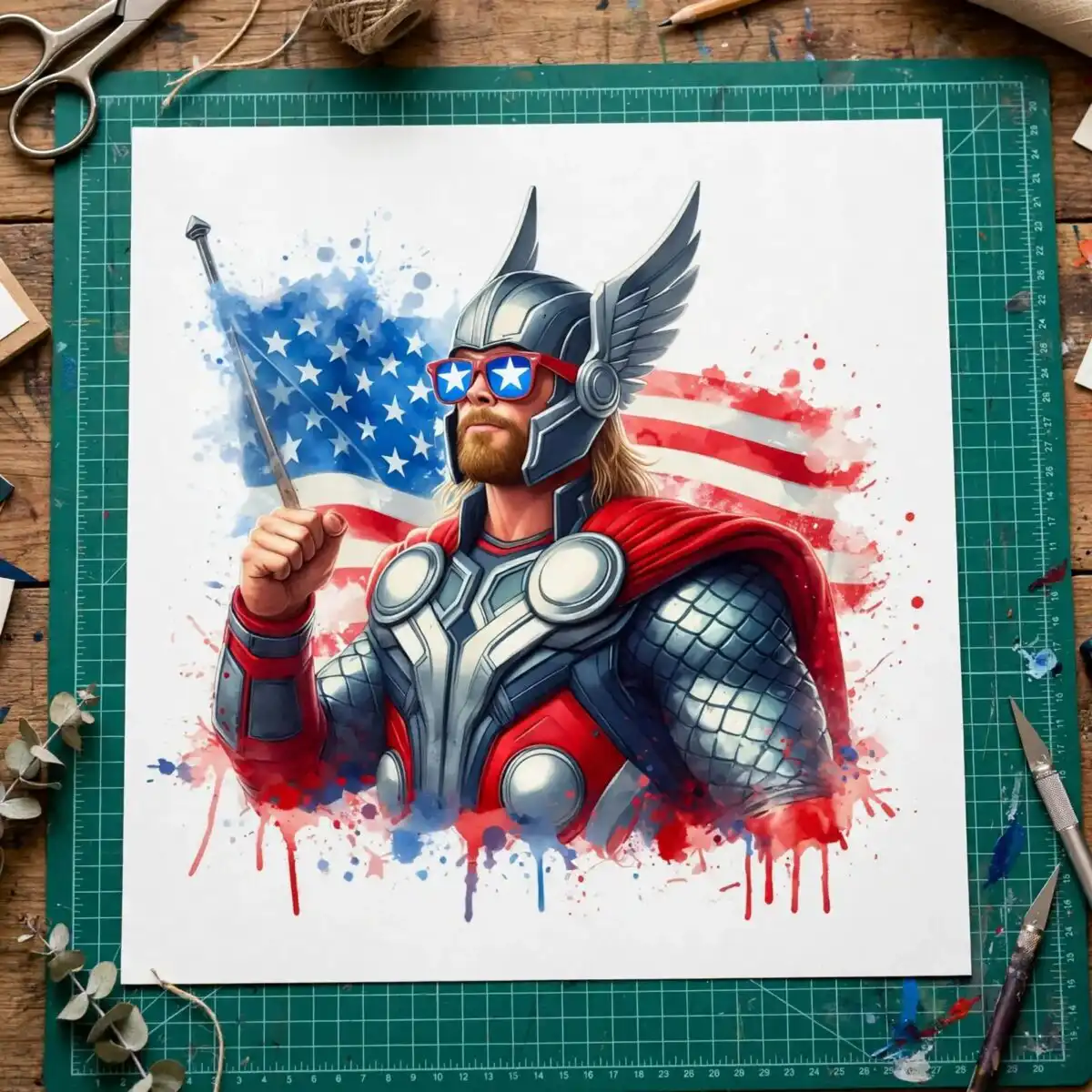 fourth of july armored hero figure winged png design printed on a plain product mockup
