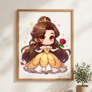 disney princess belle png – chibi birthday princess with gold tiara and red rose disney princess belle png design printed on a plain product mockup