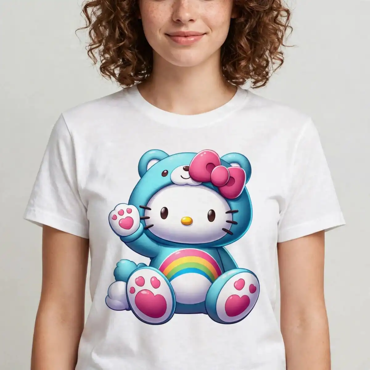 cute white cat in blue bear onesie with pink bow and rainbow belly art cute white cat png design printed on a plain product mockup