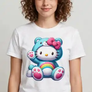 cute white cat in blue bear onesie with pink bow and rainbow belly art cute white cat png design printed on a plain product mockup