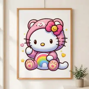 birthday hello kitty style white kitty in pink bear-hood costume png for shirts, mugs and birthday hello kitty style white png design printed on a plain product mockup