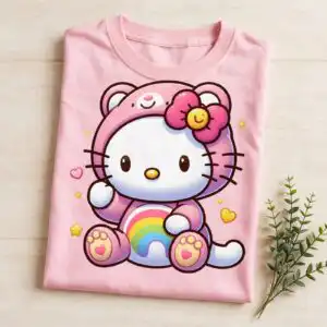 birthday hello kitty style white kitty in pink bear-hood costume png for shirts, mugs and birthday hello kitty style white png design printed on a plain product mockup