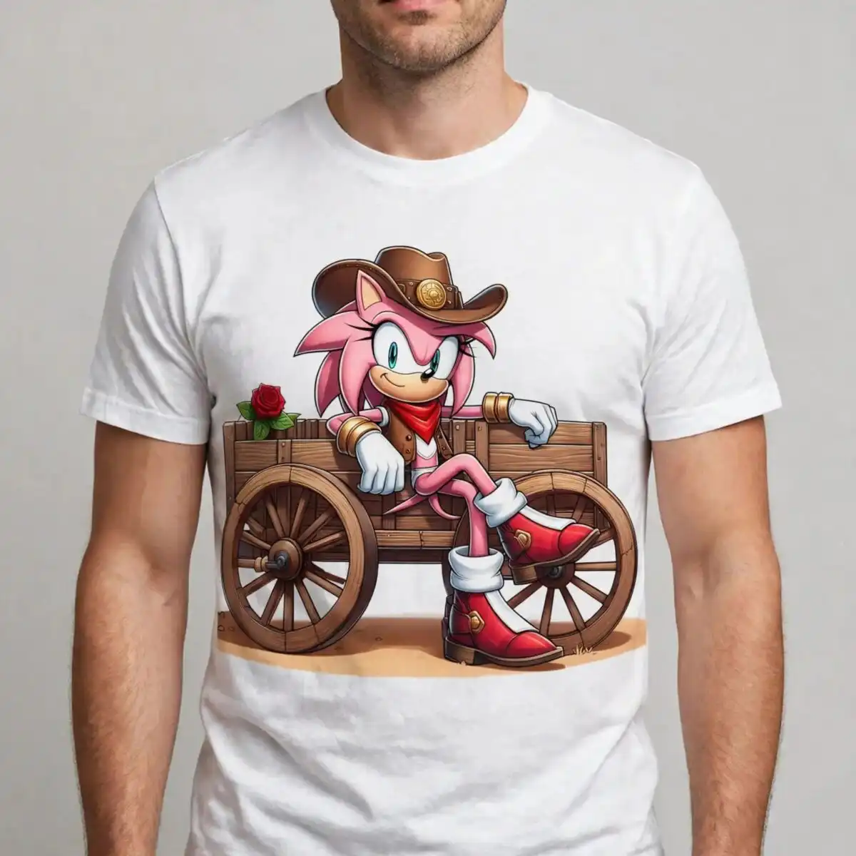 ami rose cartoon cowboy wagon art - pink spiky-haired character png ami rose cartoon cowboy png design printed on a plain product mockup