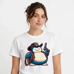 snorlax cartoon cowboy era character png for t-shirts, stickers and party decor snorlax cartoon cowboy era png design printed on a plain product mockup