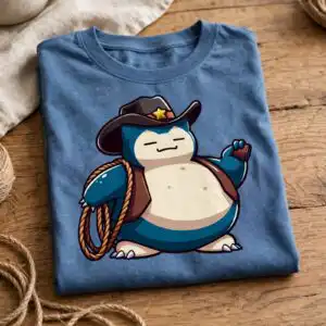 snorlax cartoon cowboy era character png for t-shirts, stickers and party decor snorlax cartoon cowboy era png design printed on a plain product mockup