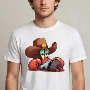 mr krabs cartoon cowboy png design printed on a plain product mockup