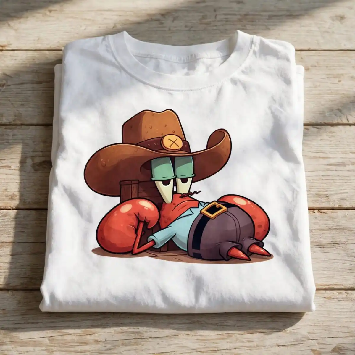 mr krabs cartoon cowboy png design printed on a plain product mockup