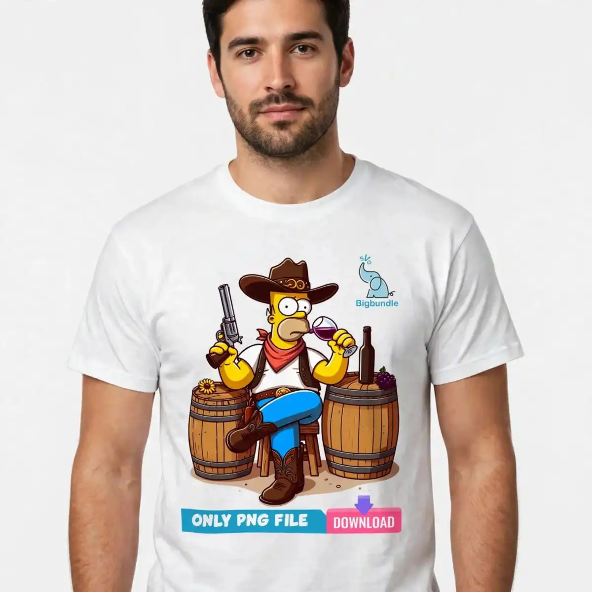 homer cartoon cowboy era png design printed on a plain product mockup