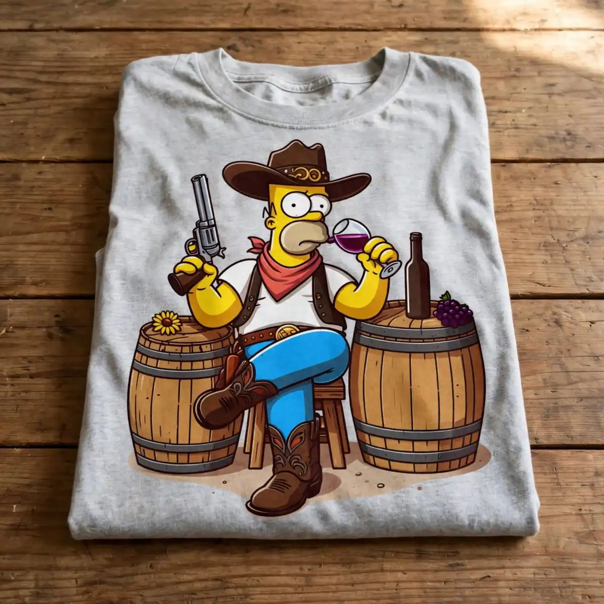 homer cartoon cowboy era png design printed on a plain product mockup
