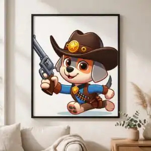 paw patrol cartoon cowboy puppy in western outfit for kids sublimation paw patrol cartoon cowboy png design printed on a plain product mockup