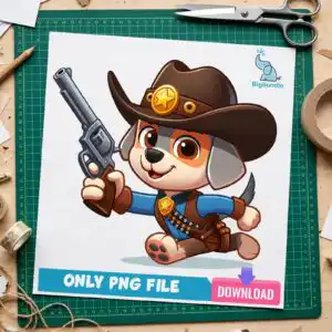 paw patrol cartoon cowboy puppy in western outfit for kids sublimation paw patrol cartoon cowboy png design printed on a plain product mockup
