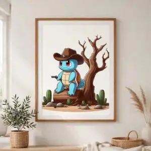 squirtle cartoon cowboy era png design printed on a plain product mockup
