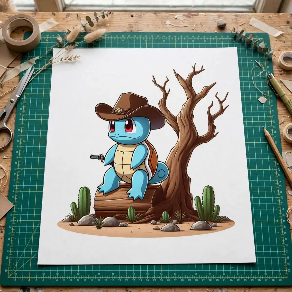 squirtle cartoon cowboy era png design printed on a plain product mockup