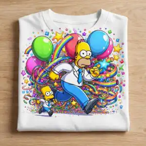 simpson and son cartoon dad running celebration design for birthday simpson son cartoon dad png design printed on a plain product mockup