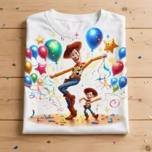 woody and son cartoon dad birthday party with two cowboy figures woody son cartoon dad png design printed on a plain product mockup