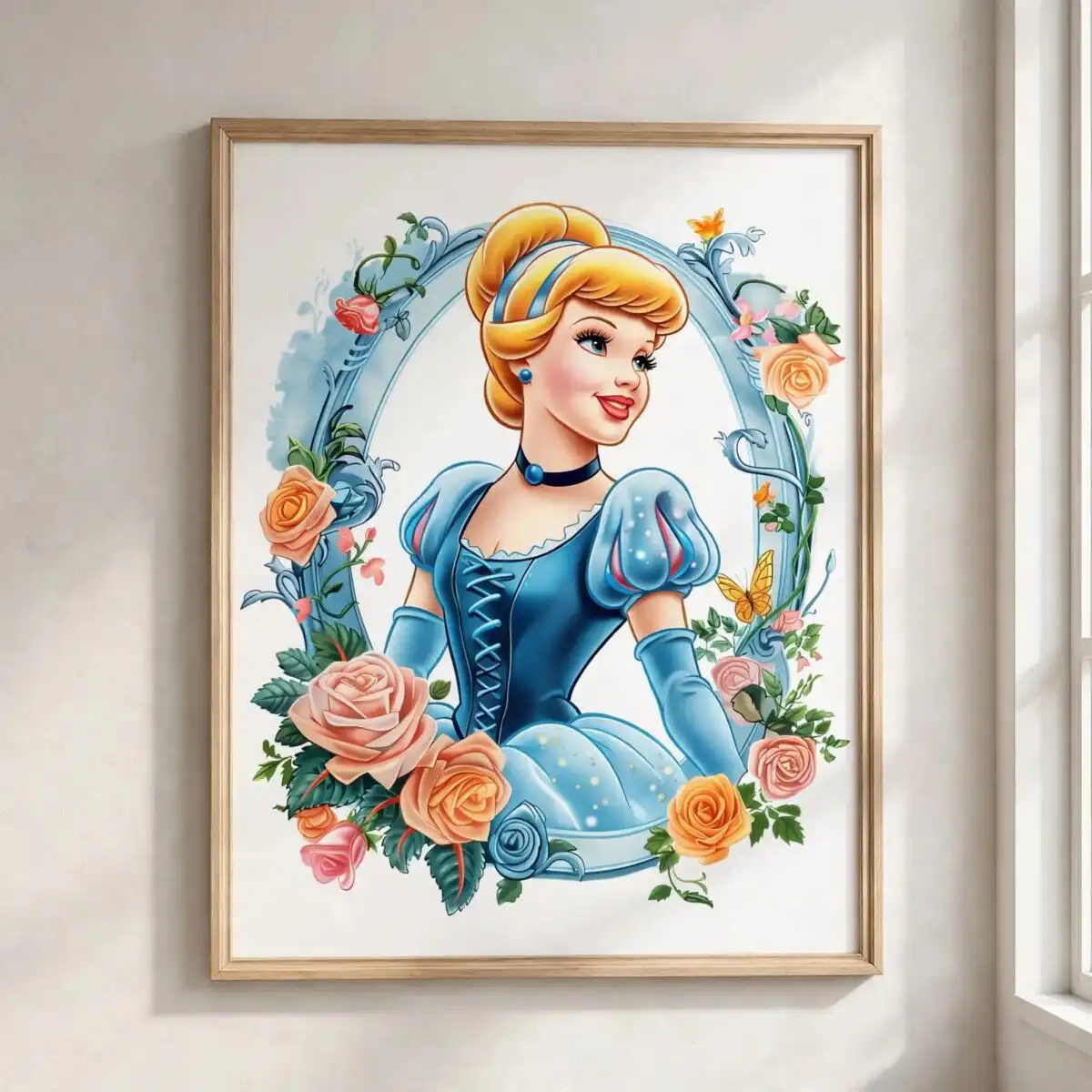 disney princess cinderella in blue ball gown with floral oval frame for birthday parties disney princess cinderella png design printed on a plain product mockup
