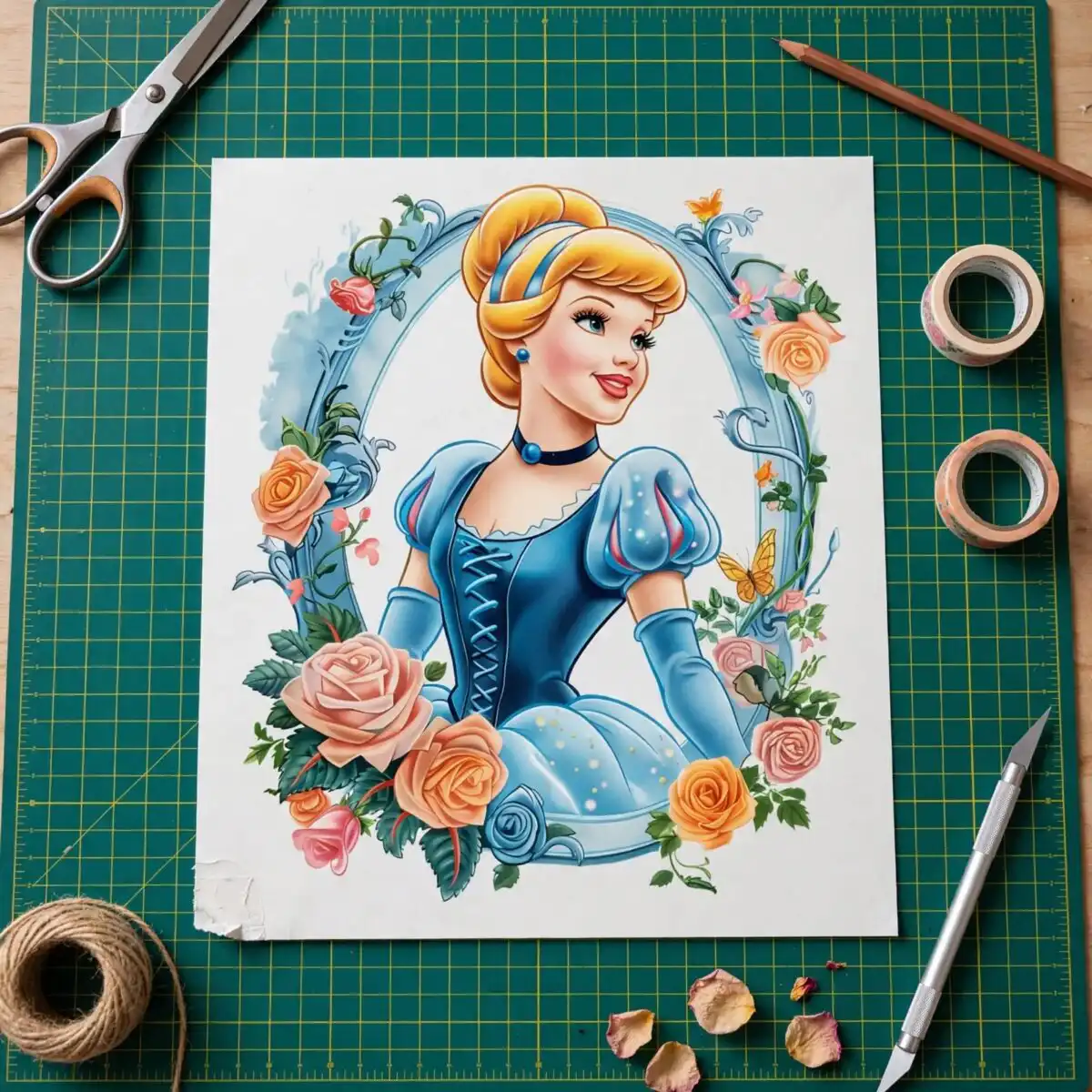 disney princess cinderella in blue ball gown with floral oval frame for birthday parties disney princess cinderella png design printed on a plain product mockup
