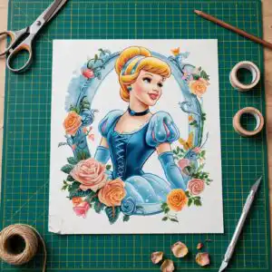 disney princess cinderella in blue ball gown with floral oval frame for birthday parties disney princess cinderella png design printed on a plain product mockup