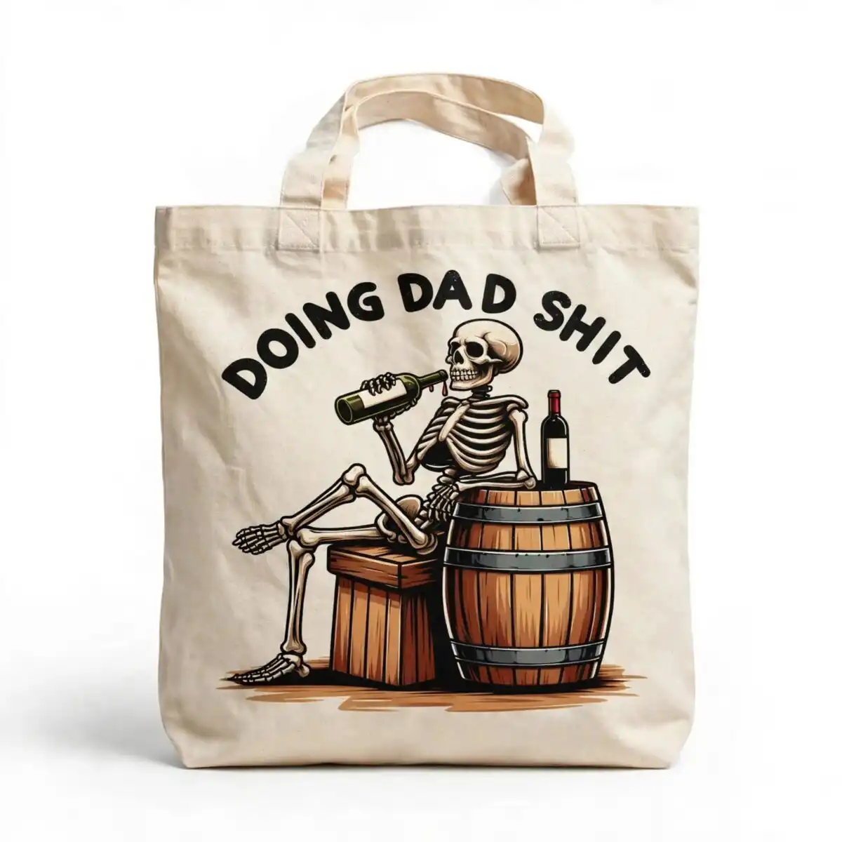 halloween skeleton drinking beside crate and barrel funny dad design halloween skeleton crate drinking beside png design printed on a plain product mockup