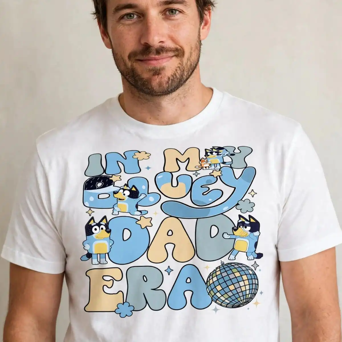 in my bluey dad era family stacked bubble letter phrase design for dad shirts family stacked bubble letter phrase png design printed on a plain product mockup