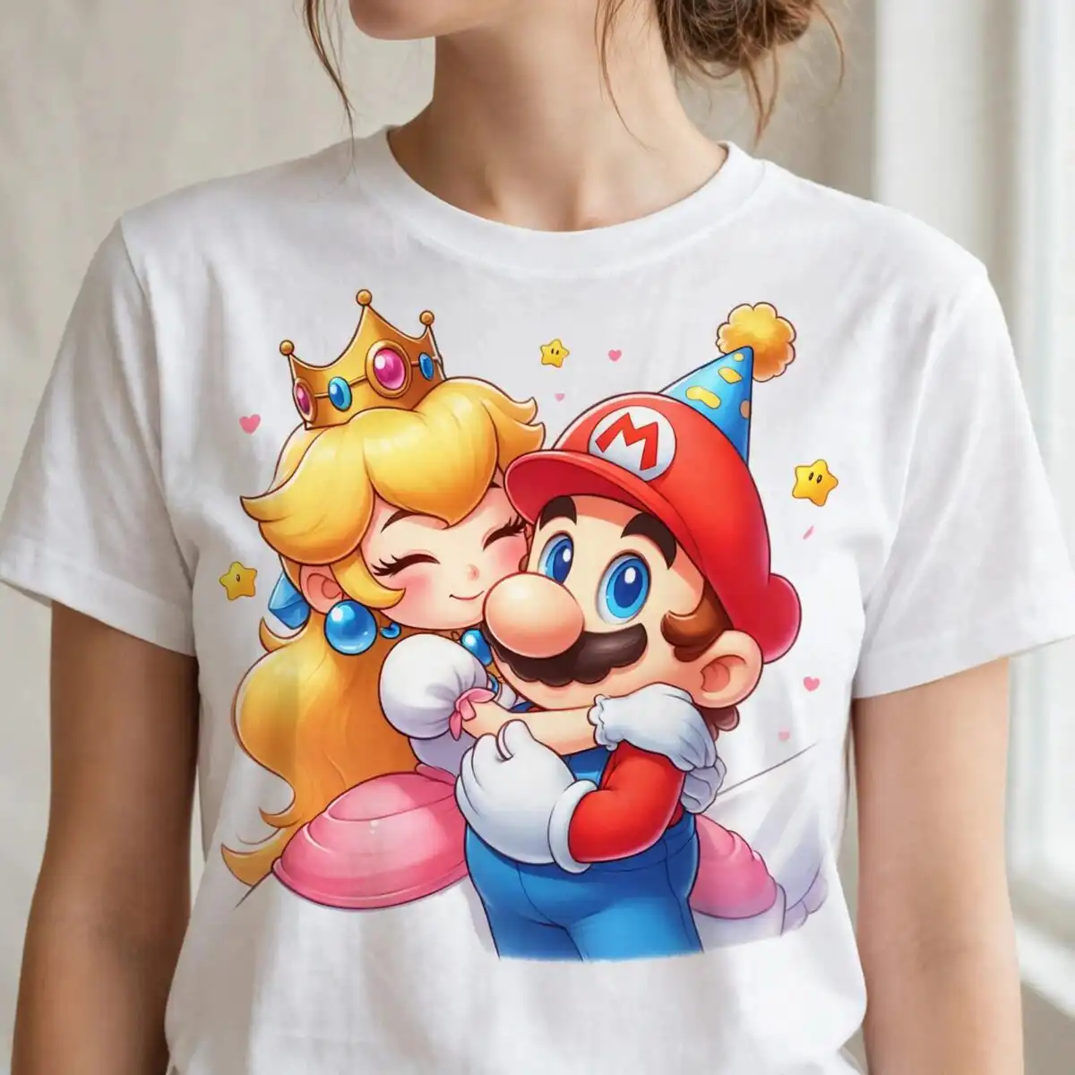 princess peach and mario chibi hug - cute birthday party design princess peach and mario png design printed on a plain product mockup