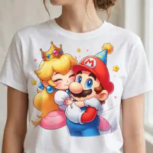 princess peach and mario chibi hug - cute birthday party design princess peach and mario png design printed on a plain product mockup