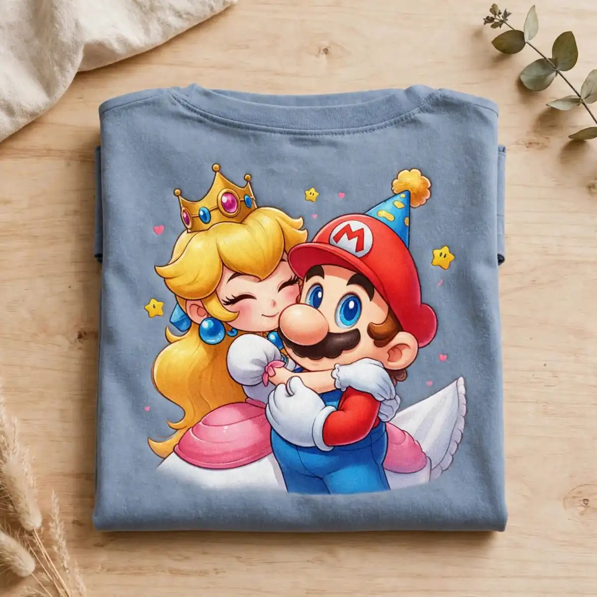 princess peach and mario chibi hug - cute birthday party design princess peach and mario png design printed on a plain product mockup