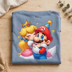 princess peach and mario chibi hug - cute birthday party design princess peach and mario png design printed on a plain product mockup
