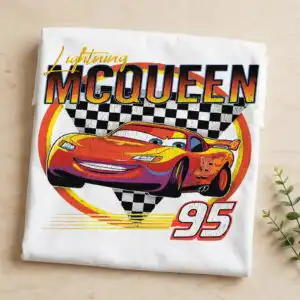 lightning mcqueen png images design printed on a plain product mockup