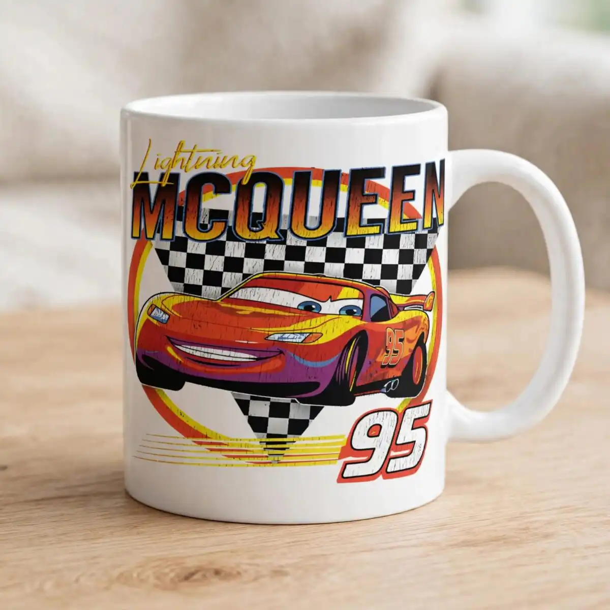 lightning mcqueen png images design printed on a plain product mockup