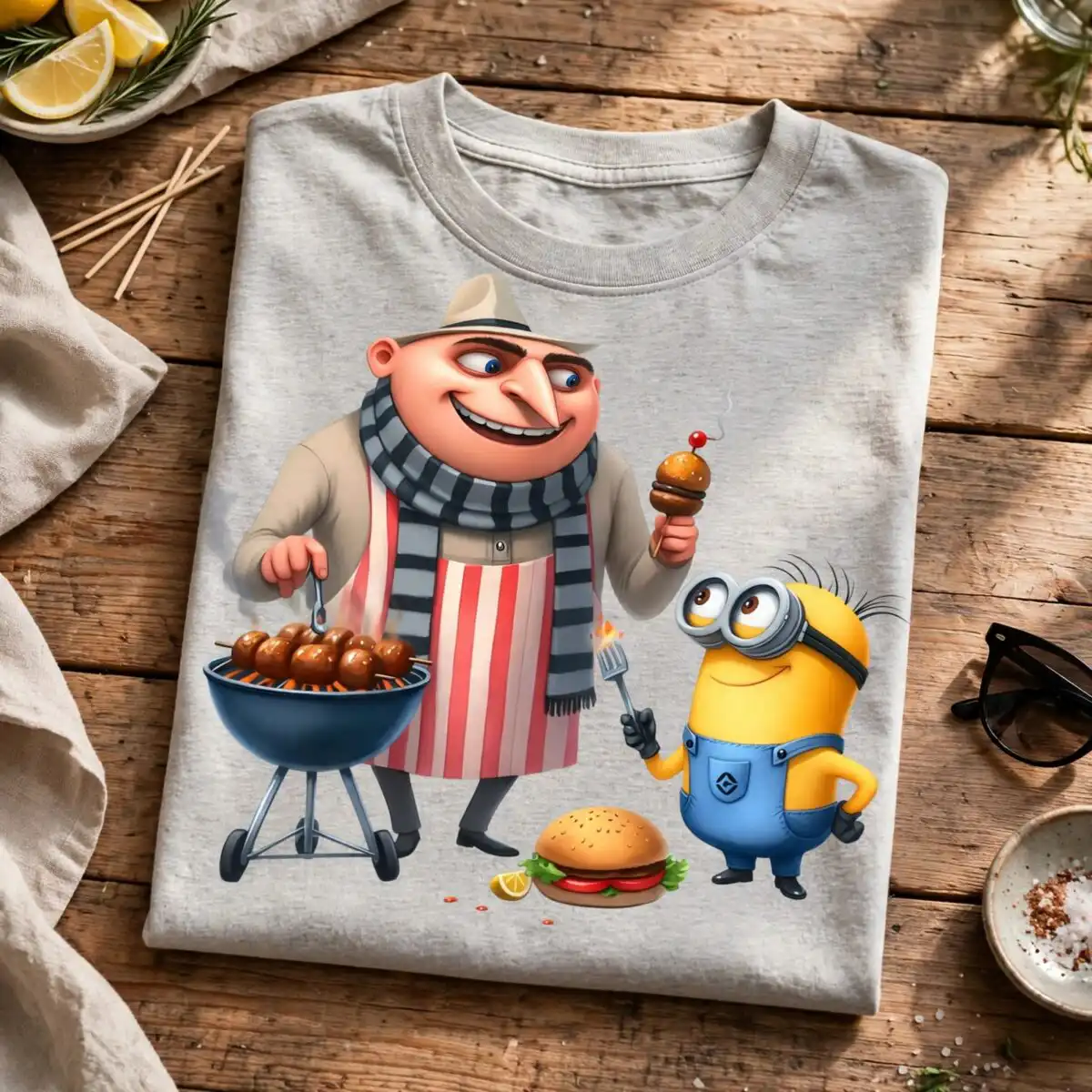 gru and minions having a summer meal barbecue shirt design gru minions having meal shirt png design printed on a plain product mockup