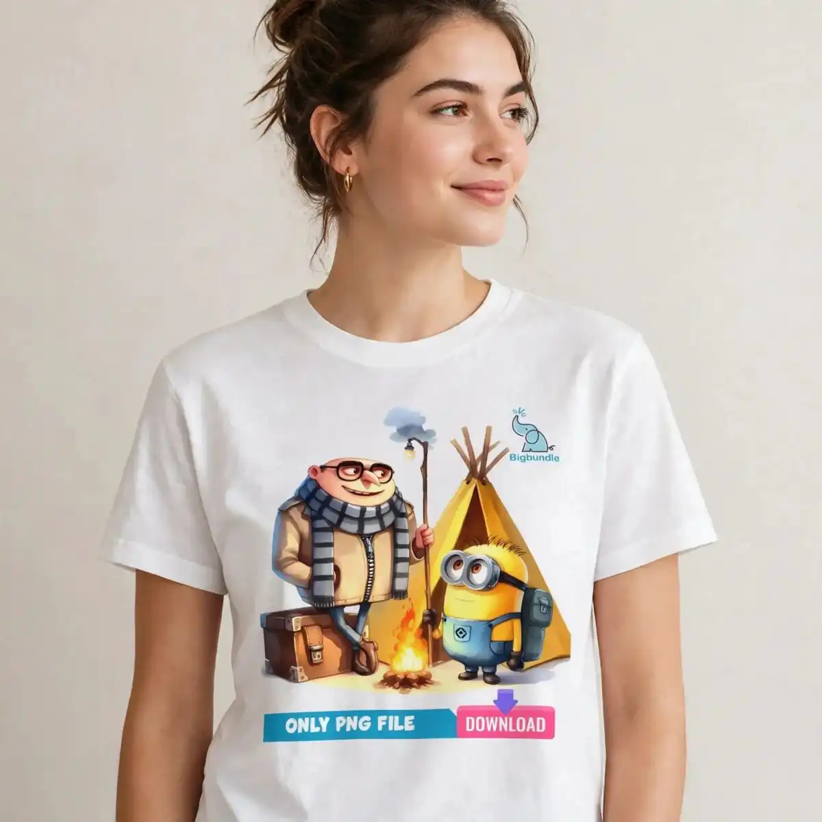 cozy cartoon camping scene with campfire friends for kids apparel camping scene png design printed on a plain product mockup
