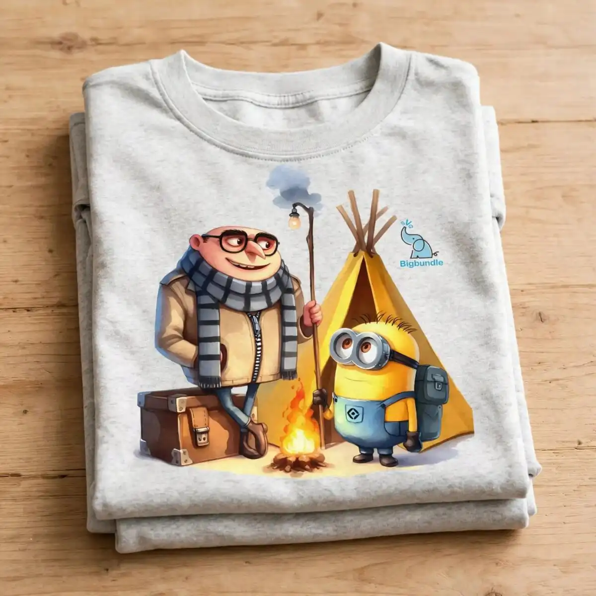 cozy cartoon camping scene with campfire friends for kids apparel camping scene png design printed on a plain product mockup
