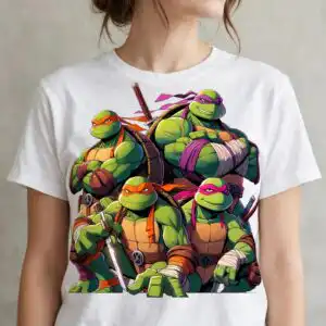 four anthropomorphic turtle figures group in heroic action png for shirts four anthropomorphic turtle figures png design printed on a plain product mockup