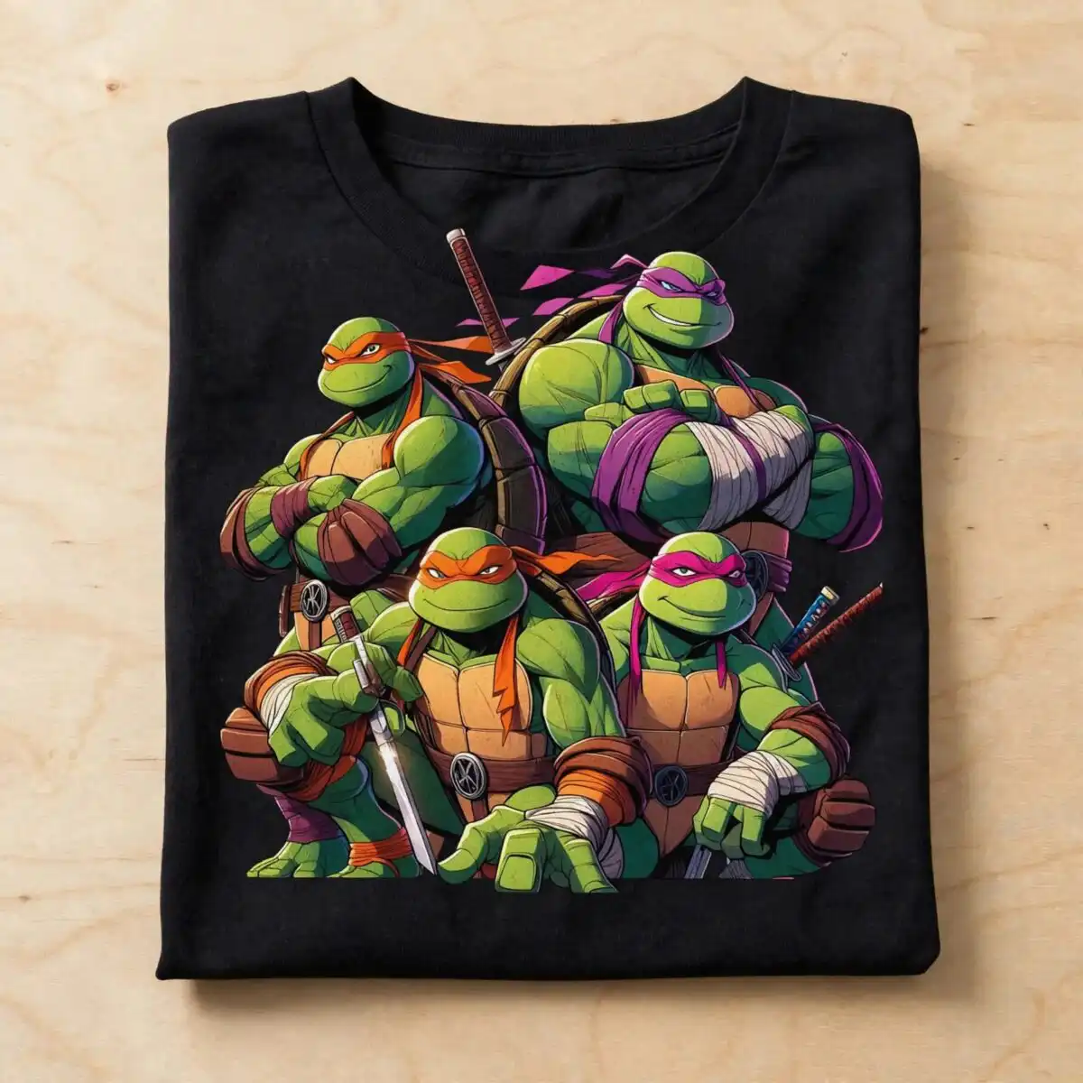 four anthropomorphic turtle figures group in heroic action png for shirts four anthropomorphic turtle figures png design printed on a plain product mockup